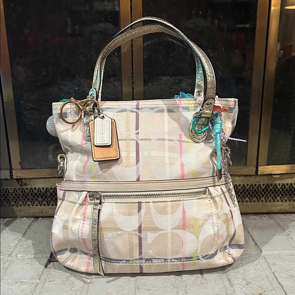 Coach Multicolor Signature Shoulder Bag with Metallic Handles